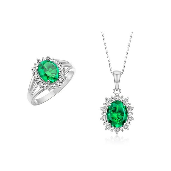 RYLOS Women's Sterling Silver Princess Diana Ring & Pendant Set. Gemstone & Diamonds, 9X7MM Emerald May Birthstone. 2 PC Perfectly Matched Jewelry. Friendship Ring Size 5