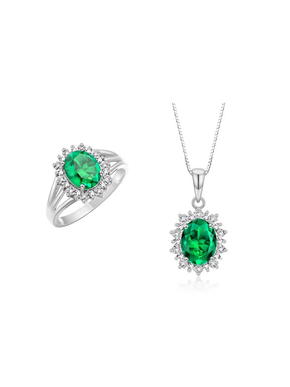 Women's Sterling Silver Princess Diana Ring & Pendant Set. Gemstone & Diamonds, 9X7MM Emerald May Birthstone. 2 PC Perfectly Matched Jewelry. Friendship Ring Size 9