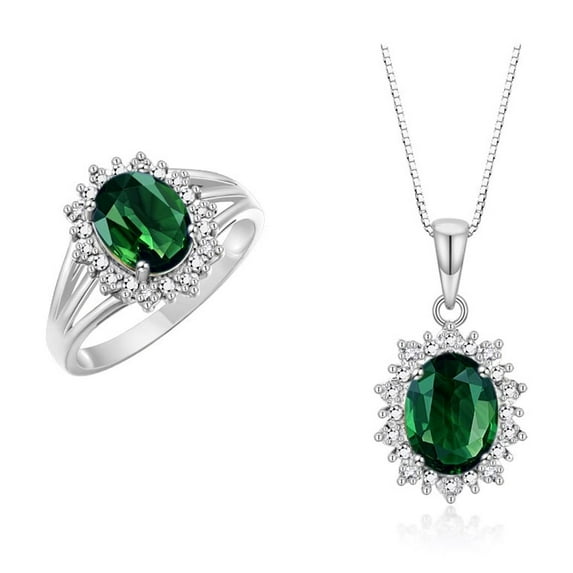 RYLOS Women's Sterling Silver Princess Diana Ring & Pendant Set. Gemstone & Diamonds, 9X7MM Green Sapphire September Birthstone. 2 PC Perfectly Matched Jewelry. Ring Size 8