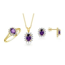 RYLOS Women's Yellow Gold Plated Silver Birthstone Set: Ring, Earring & Pendant Necklace. Gemstone & Diamonds, 6X4MM Amethyst February Birthstone. Perfectly Matching Friendship Jewelry Size 5