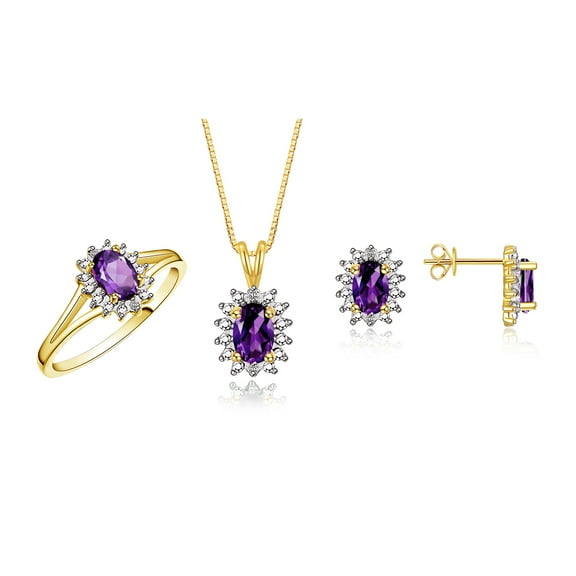 RYLOS Women's Yellow Gold Plated Silver Birthstone Set: Ring, Earring & Pendant Necklace. Gemstone & Diamonds, 6X4MM Amethyst February Birthstone. Perfectly Matching Friendship Jewelry Size 5