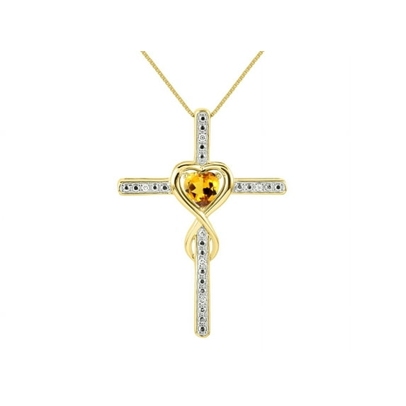 RYLOS Women's Yellow Gold Plated Silver Cross Necklace with Heart Shape Gemstone & Diamonds. 6MM Citrine November Birthstone Womens Jewelry Silver Necklace