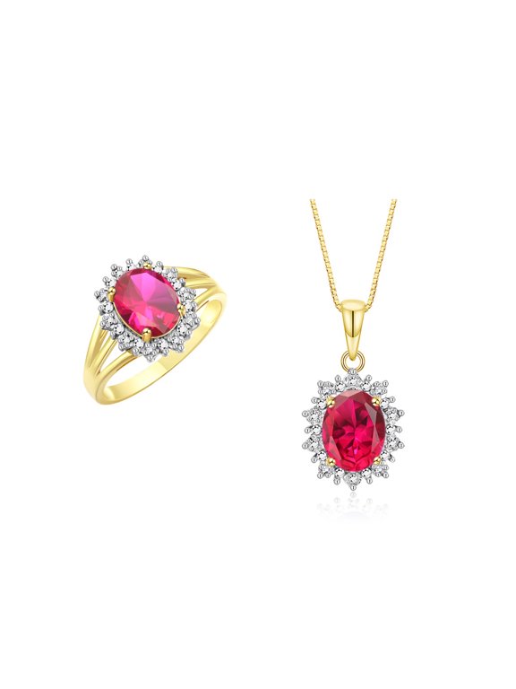Women's Yellow Gold Plated Silver Princess Diana Inspired Ring & Pendant Necklace with 18" Chain Gemstone & Diamonds 9X7MM Ruby July Birthstone. 2 PC Perfectly Matched Jewelry. Ring Size 5