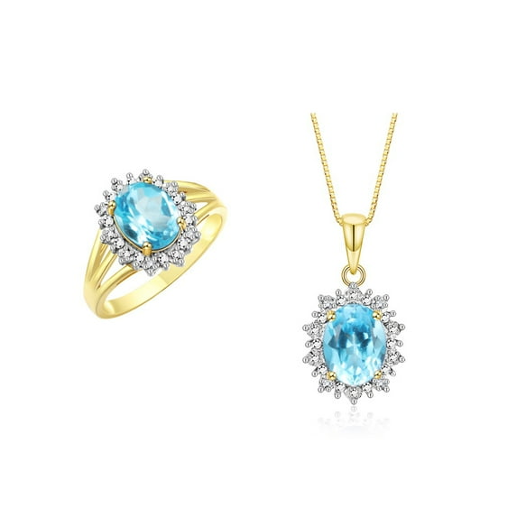 RYLOS Women's Yellow Gold Plated Silver Princess Diana Ring & Pendant Set. Gemstone & Diamonds, 9X7MMBlue Topaz December Birthstone. 2 PC Perfectly Matched Jewelry. Ring Size 10