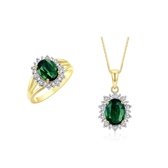RYLOS Women's Yellow Gold Plated Silver Princess Diana Ring & Pendant Set. Gemstone & Diamonds, 9X7MMGreen Sapphire Birthstone. 2 PC Perfectly Matched Jewelry. Ring Size 5