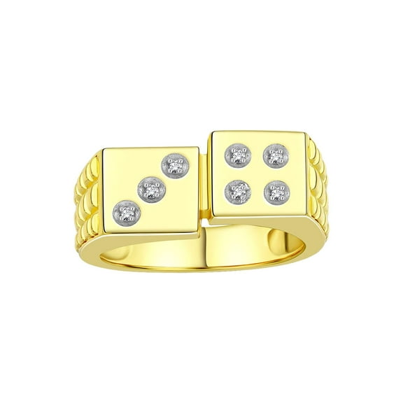RYLOS Yellow Gold Plated Silver Designer Men's Lucky 7 Craps Gambling Ring, adorned with Diamonds Size 7