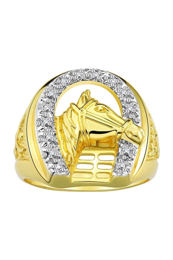 Yellow Gold Plated Silver Designer Men's Lucky Horseshoe Ring, with Diamonds Size 9