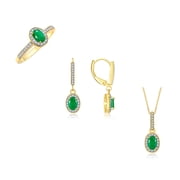 RYLOS Yellow Gold Plated Silver Halo Designer Jewelry Ring, Earring & Pendant Necklace Gemstone & Diamonds 6X4MM Emerald May Birthstone; Size 8