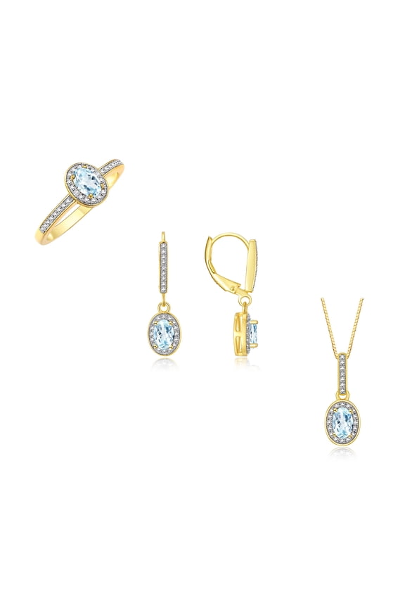 Yellow Gold Plated Silver Halo Designer Set: Ring, Earrings & Necklace. Gemstone & Diamonds, 6X4MM Aquamarine March Birthstone; Size 5