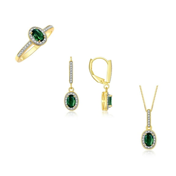 RYLOS Yellow Gold Plated Silver Halo Designer Set: Ring, Earrings & Necklace. Gemstone & Diamonds, 6X4MM Green Sapphire Birthstone; Size 6