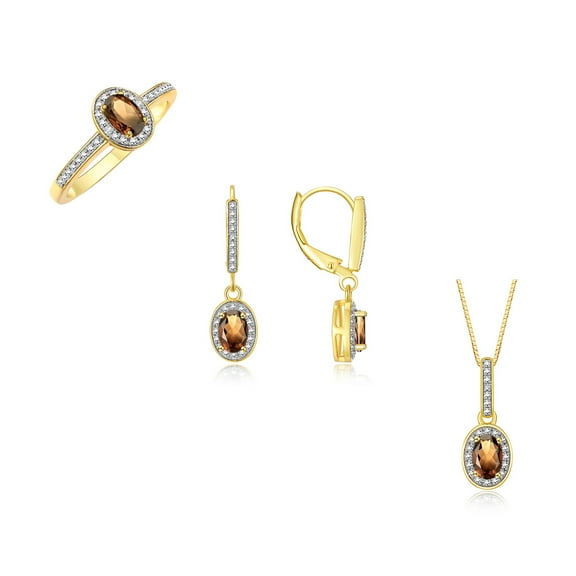 RYLOS Yellow Gold Plated Silver Halo Designer Set: Ring, Earrings & Necklace. Gemstone & Diamonds, 6X4MM Smoky Quartz June Birthstone; Size 5