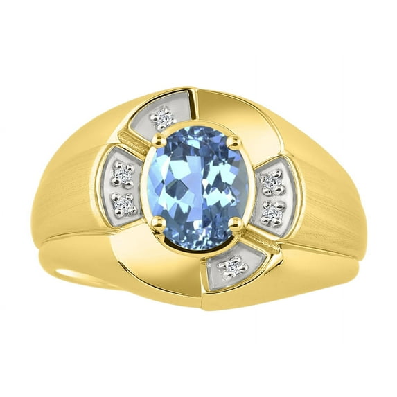 RYLOS Yellow Gold Plated Silver Ring 8X6MM Oval Gemstone & Diamond Unisex Rings Blue Topaz December Birthstone Ring Size 7