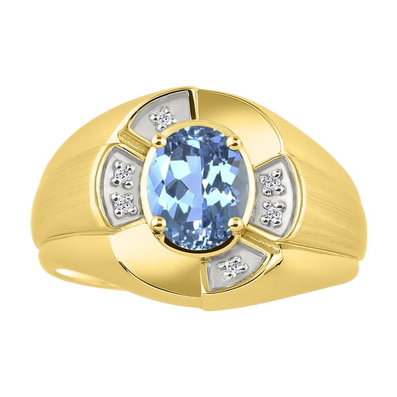 RYLOS Yellow Gold Plated Silver Ring 8X6MM Oval Gemstone & Diamond Unisex Rings Blue Topaz December Birthstone Ring Size 9