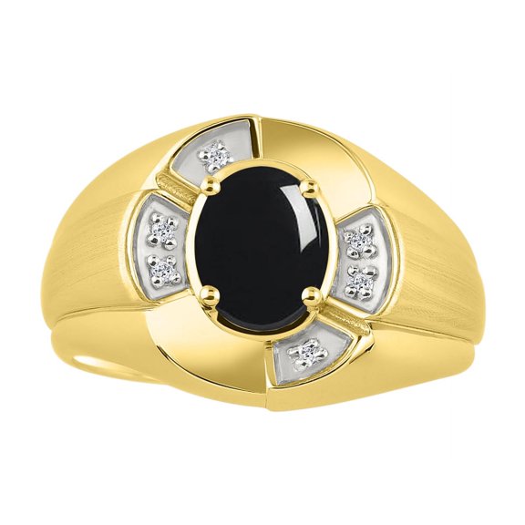 RYLOS Yellow Gold Plated Silver Ring 8X6MM Oval Gemstone & Diamond Unisex Rings Onyx October Birthstone Ring Size 8