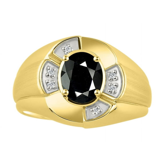 RYLOS Yellow Gold Plated Silver Ring 8X6MM Oval Gemstone & Diamond Unisex Rings Onyx October Birthstone Ring Size 8