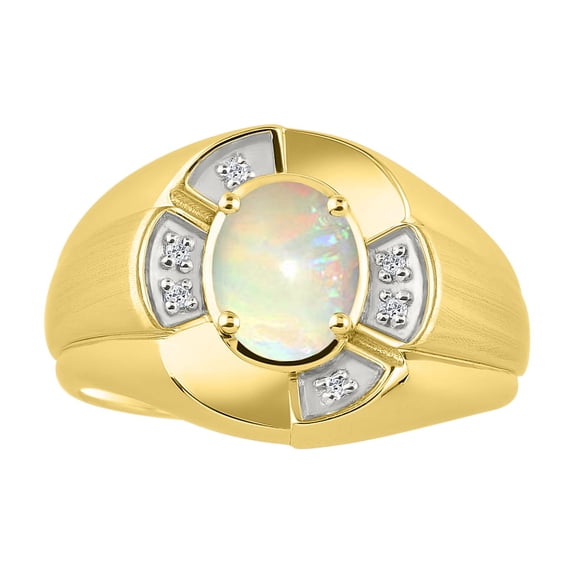 RYLOS Yellow Gold Plated Silver Ring 8X6MM Oval Gemstone & Diamond Unisex Rings Opal October Birthstone Ring Size 8