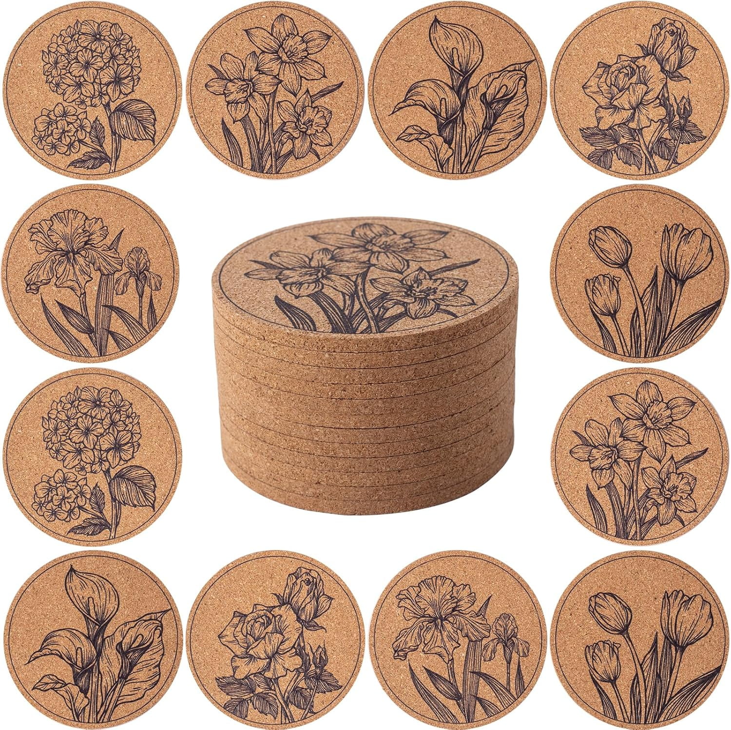 RYLZX 12 pcs Coasters for Drinks Absorbent Cork Coasters with Flower Coaster for Coffee Table Housewarming Gifts for New Home Present for Friends, Living Room Decor, Apartment Decor