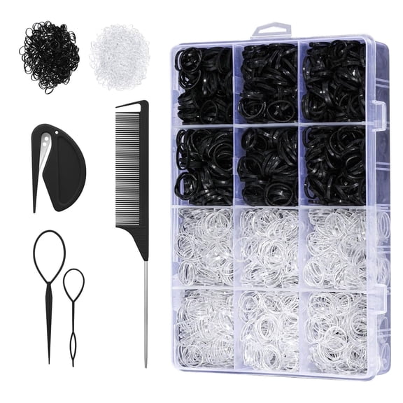 RYLZX 1800pcs Elastic Hair Bands with Hair Loop Styling Tool Set, Clear Mini Hair Bands and Black Elastic Hair Ties with Rubber Band Cutter Organizer Box Hair Accessories for Toddler  Girl Women