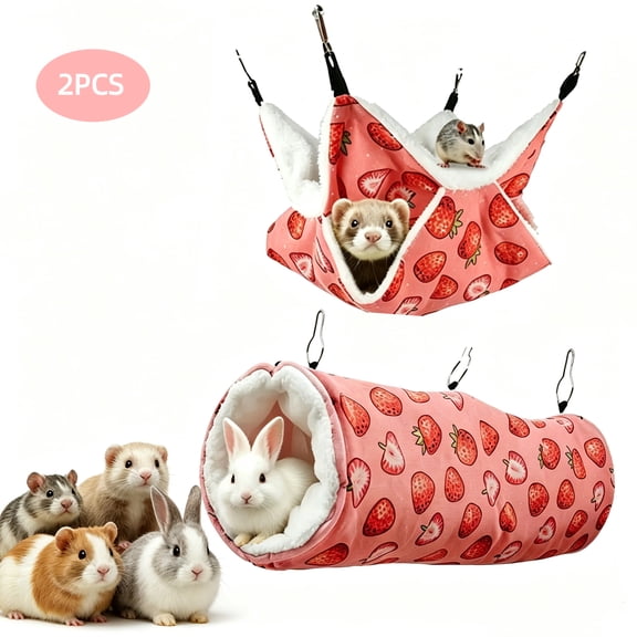 RYLZX 2 Pack,Ferret Rat Hammock Set Guinea Pig Hideout Bed,Soft Hamster Toys Hanging Tunnels and Tubes,Plush Small Animal Pet Chinchilla for Cage Accessories Hide,Play and Sleep,Pink strawberries