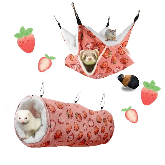 RYLZX 2 Pack,Ferret Rat Hammock Set Guinea Pig Hideout Bed,Soft Hamster Toys Hanging Tunnels and Tubes,Plush Small Animal Pet Chinchilla for Cage Accessories Hide,Play and Sleep,Pink strawberries