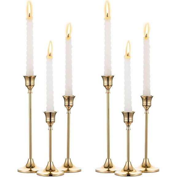 RYLZX 2 Sets(6 Pcs) Brass Gold Metal Taper Candle Holders Candlestick Holders, Vintage Modern Decorative Centerpiece Candlestick Holders for Table Mantel Wedding Housewarming Gift