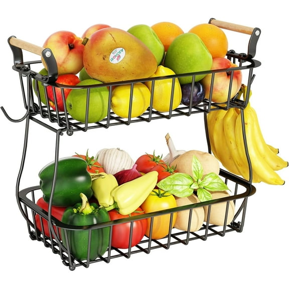 RYLZX 2 Tier Fruit Basket with 2 Banana Hangers, Countertop Fruit Vegetable Basket Bowl for Kitchen Counter Metal Wire Fruits Storage Stand Holder Organizer for Bread Snack Veggies Produce