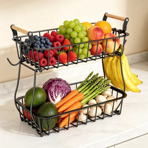 RYLZX  2 Tier Fruit Basket with 2 Banana Hangers, Countertop Fruit Vegetable Basket Bowl for Kitchen Counter Metal Wire Fruits Storage Stand Holder Organizer for Bread Snack Veggies Produce