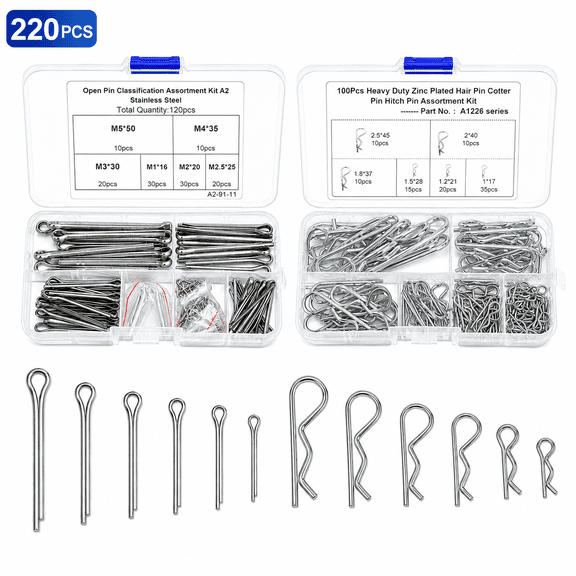 RYLZX 220Pcs Cotter Pin Assortment Kit - 304 Stainless Steel 12 Sizes Cotter Pins & R Clips Cotter Pin Set for Hitch Pin Lock Systems