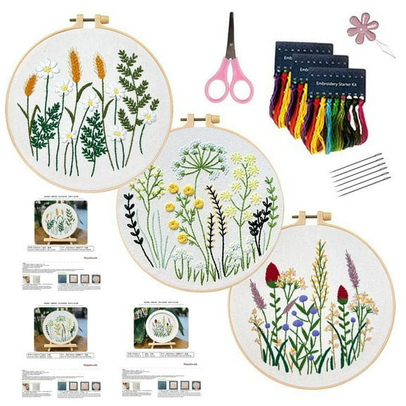 RYLZX 3-Pack-Embroidery Kit for Adult Beginners 33-Stitch Practice Samplers Pre-Stamped Patterns Hoop Threads & Needles DIY Needlework Craft Gift for Women
