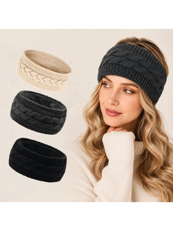 3 Pack Headbands for Women Winter Warm Cable Knit Ear Warmer Thick Head Wrap Fuzzy Fleece Lined Gifts