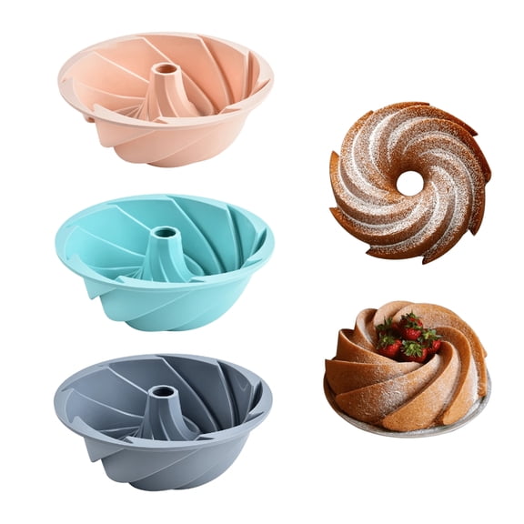 RYLZX 3 Pack Large Fluted Cake Pan  - Nonstick Fluted Tube Pan, Large Round Silicone Mold for Cake, Brownie, Cornbread, Jello Cake （﻿Grey + Pink + Blue）