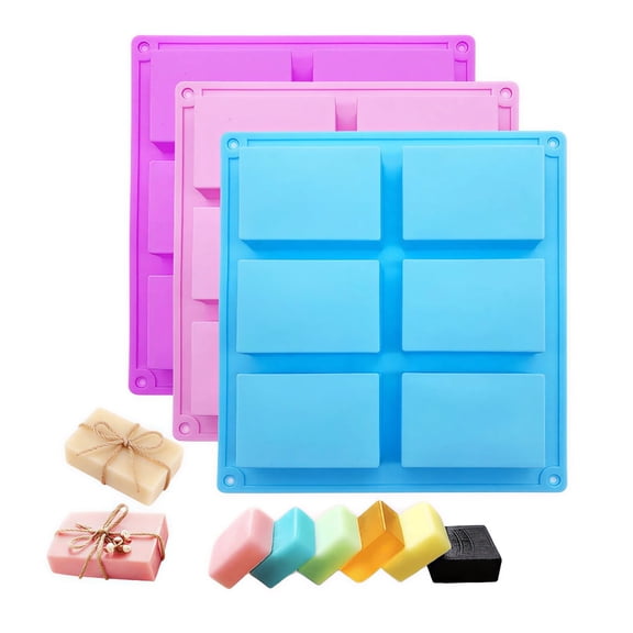 RYLZX 3 Pack Silicone Soap Molds, 6 Cavities Rectangle Silicone Mold, Great For Homemade Craft Soap Mold, Chocolate, Cake Molds ＆ Ice Cube Tray - Just Pop Out（Pink & Blue & Purple）