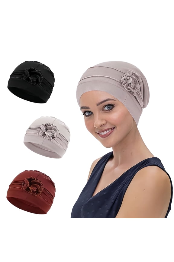 3 Pcs Chemo Headwear Turbans Cap Beanie Hat Head Wraps Hair Coverings for Women Sleep Cap Chemo Cancer Hat with Flower Design (3 Colors)