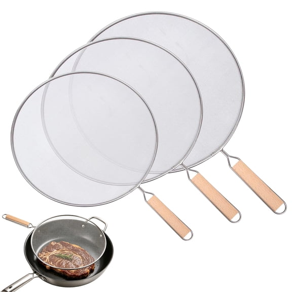 RYLZX 3 Pieces Grease Splatter Screen for Frying Pan, Splatter Guard Mesh Stainless Steel Grease Guard Shield for Kitchen Frying Pan Cooking Supplies Set of 9.44", 10.8" and 12.5" inch (Wood Handle)