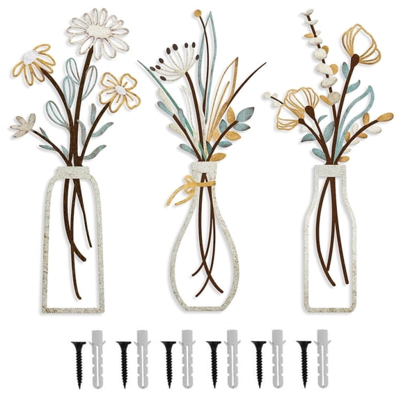 RYLZX 3 Pieces Metal Flowers Wall Arts - Rustic Farmhouse Decor Beige Minimalist Flower Wall Decors for Living Room Bathroom Bedroom Dining Room-Housewarming Gifts