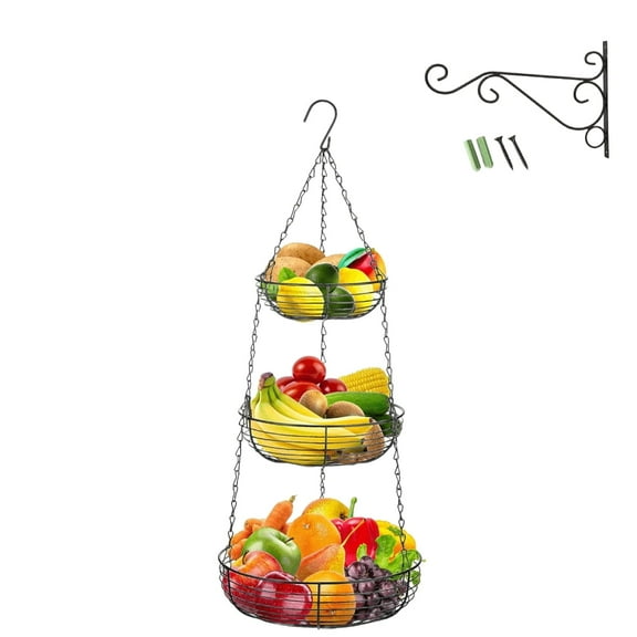 RYLZX 3 Tier Hanging Fruit Basket with Installation Bracket, Heavy Duty Wire Hanging Baskets for Kitchen Storage, 33 Inch Hanging Vegetable Produce Basket Organizer