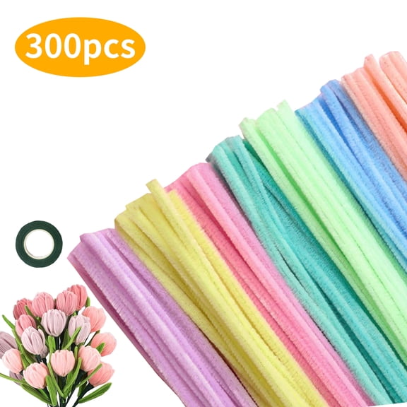 RYLZX 300 PcsThick Fuzzy Chenille Stick for DIY Flower Making Kit,7 Assorted Colors Pipe Cleaners Bulk, Chenille Stems for DIY Flower Making Kit with Gardening Tape