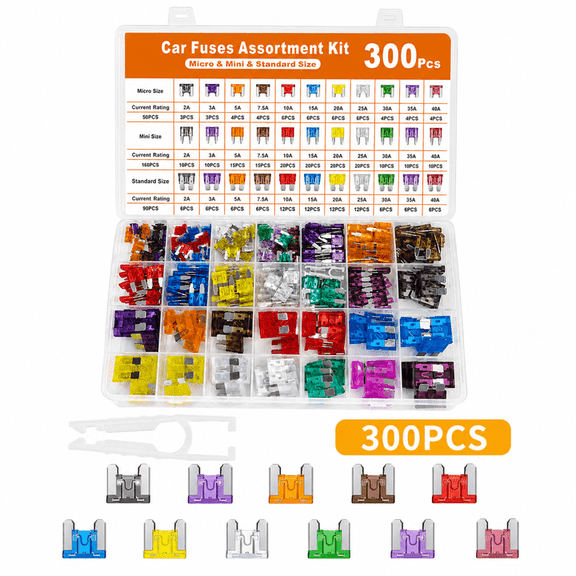 RYLZX 300Pcs Car Fuse Assortment Kit, 160 Mini Blade Fuses Automotive + 90 Standard Auto Fuses + 50 Micro + Puller Replacement for RV Camper Boat Truck (2Amp 3A 5A 7.5A 10A 15A 20A 25A 30A 35A 40A)
