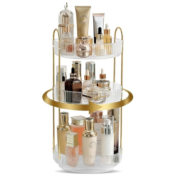 RYLZX 360°Rotating Makeup Organizer for Vanity, 3 Tier Perfume Skincare Organizers and Storage for Bathroom Countertop, Clear Spinning Counter Cosmetic Holder for Dresser,White
