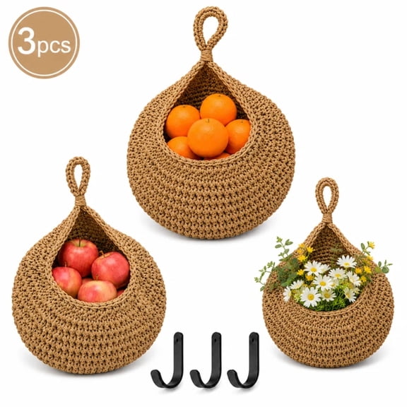 RYLZX 3Pack Boho Wall Hanging Fruit Baskets for Kitchen-3 Pcs Strong Hooks, Handwoven Onion Storage Teardrop Home Onion Basket for Fruits Vegetable Potato Kitchen Storage (Light linen)