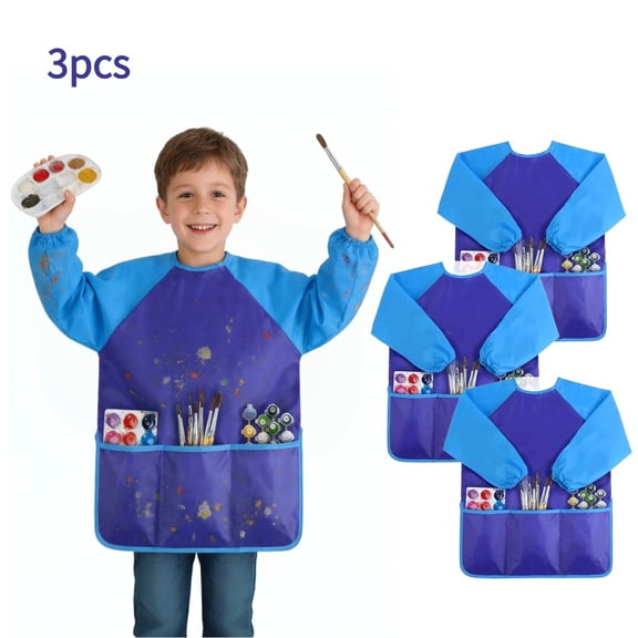 RYLZX 3Pcs Kids Art Smock, Toddlers Painting Apron Waterproof Children Artist Smock With Long Sleeve and 3 Pockets-blue