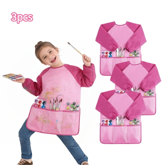 RYLZX 3Pcs Kids Art Smock, Toddlers Painting Apron Waterproof Children Artist Smock With Long Sleeve and 3 Pockets-pink