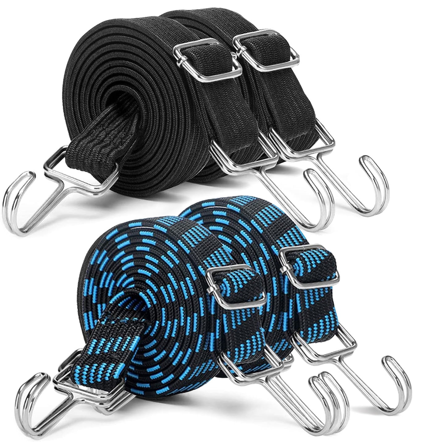 RYLZX 4 Pack-Black/Blue Adjustable Bungee Cords with Hooks Set,80
