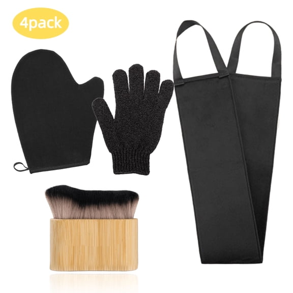 RYLZX 4 Pack Self Tanning Mitt Applicator Kit - 1 Self Tan Mitt, 1 Back Tanning Applicator, 1 Ultra Soft Self Tanner Brush, 1 Exfoliating Glove, for Sunless Streak-Free Fake Tan (Black)