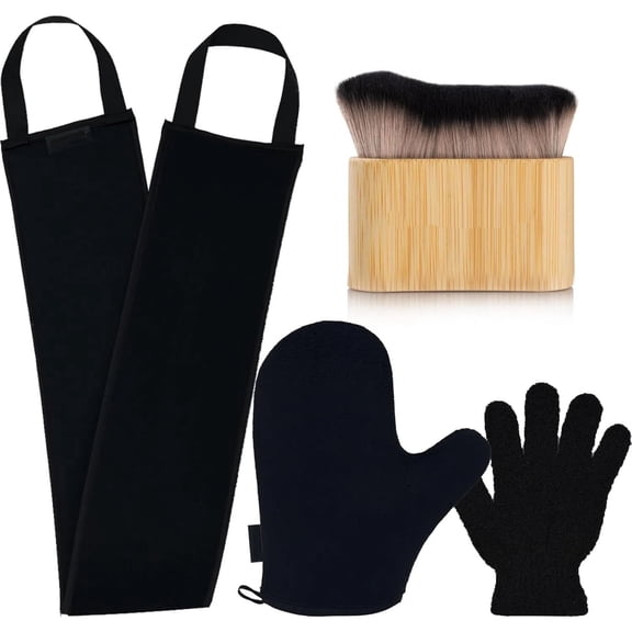 RYLZX 4 Pack Self Tanning Mitt Applicator Kit - 1 Self Tan Mitt, 1 Back Tanning Applicator, 1 Ultra Soft Self Tanner Brush, 1 Exfoliating Glove, for Sunless Streak-Free Fake Tan (Black)
