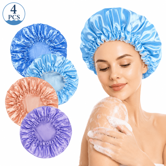 RYLZX 4 Pcs Shower Caps for Women,  Elastic and Reusable Solid color Bath Caps, Double Waterproof Layers Shower Cap, Bathing Shower Caps, Environmental Protection Hair Bath Hat
