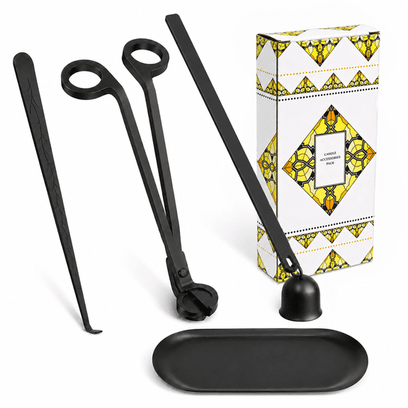 RYLZX 4 in1 Candle Accessory Set with Storage Tray Plate, Candle Wick Trimmer, Candle Wick Snuffer, Candle Wick Dipper, Great for Scented Candles Lovers (Matte Black)