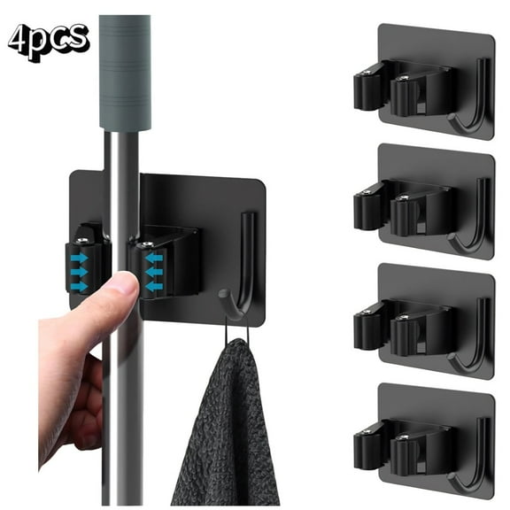 RYLZX 4Pcs Mop Broom Holder No Drill, Mop Broom Organizer Wall Mounted Heavy Duty with Hooks Hanger, Self Adhesive Stainless Steel for Bathroom, Kitchen, Office