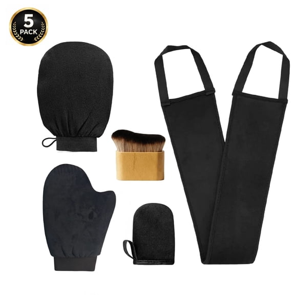 RYLZX 5 Pack Black Self Tanning Mitt Applicator Kit, Includes Loose-Self Tan Mitt, Back Applicator, Self Tanner Brush, Loose-Exfoliating Glove & Mini Mitt for Streak-Free Sunless Fake Tan