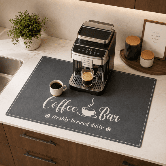 RYLZX 12x20in Absorbent PU leather Coffee Mat, Fashion Dish Drying Mat for Kitchen Counter Coffee Bar Accessories Espresso Machine Dish Rack Black